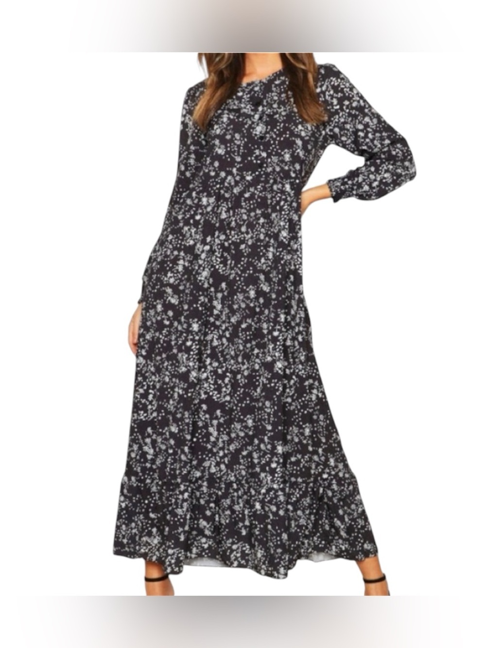 Zara Black and White Ditsy Floral Long Sleeve Maxi Dress
